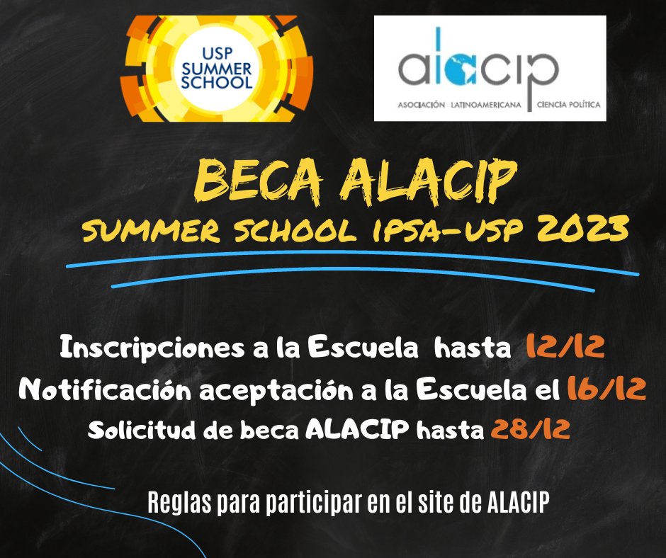 ALACIP anuncia el llamado para el otorgamiento de 1 beca para cursar la Escuela de verano en conceptos, métodos y técnicas en Ciencia Política, Políticas Públicas y Relaciones Internacionales 2023, organizada por el Depto de C. Política de @USP

+Info: alacip.org/?p=45585
