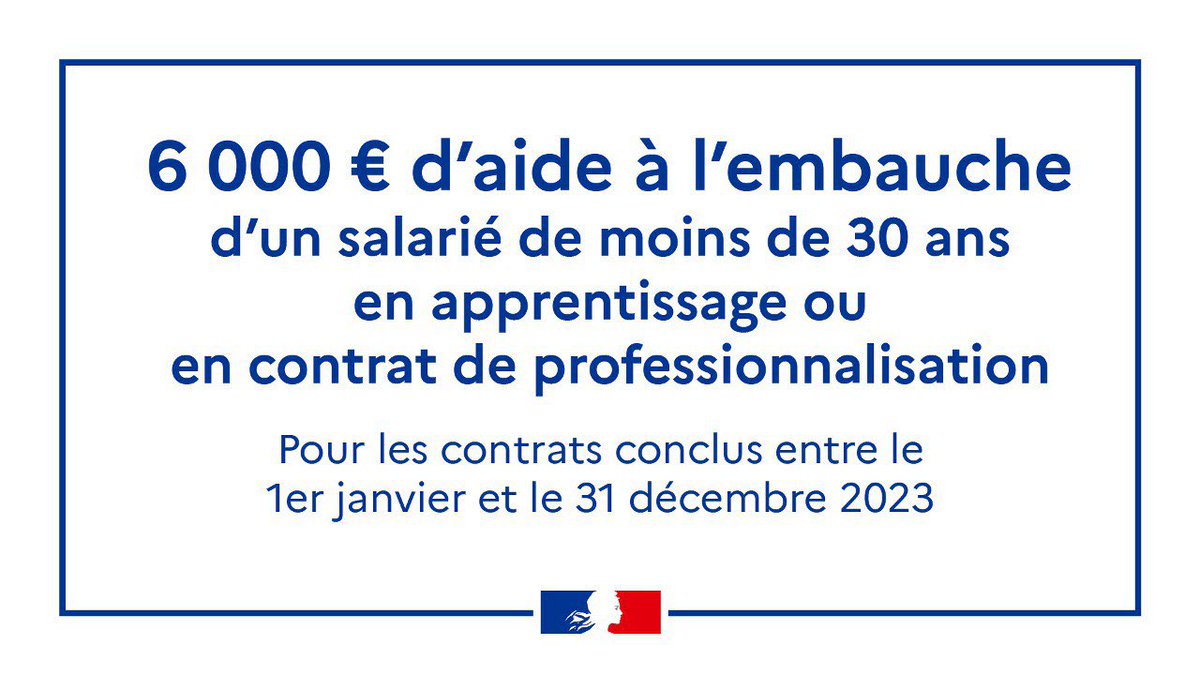 Grâce à la réforme menée par <a href="/EmmanuelMacron/">Emmanuel Macron</a>, nous sommes devenus une Nation de l’apprentissage.

Nous continuons : avec <a href="/olivierdussopt/">Olivier Dussopt</a>, nous annonçons aujourd’hui une aide de 6000€ pour toutes les entreprises qui souhaitent embaucher un alternant de - de 30 ans en 2023. ⤵️