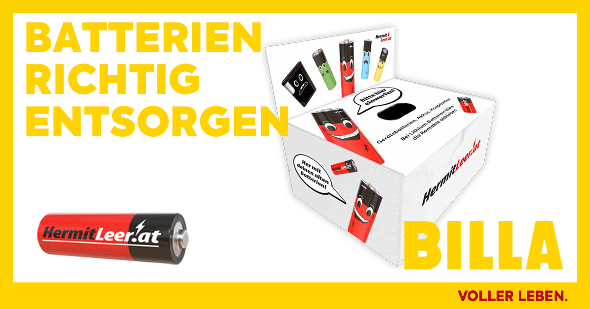 Mit der "Hermit Leer" Sammelbox in deinem BILLA werden alte Batterien und kaputten Akkus fachgerecht #recycelt und wertvolle Rohstoffe wiederverwertet.