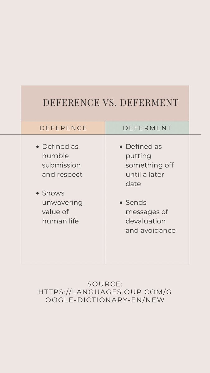 Dignitydiscuss's tweet image. These terms were used in a previous tweet about what the dying should be offered. Here is the comparison between the two. Deference &amp;gt; Deferment. Created by @Dignitydiscuss