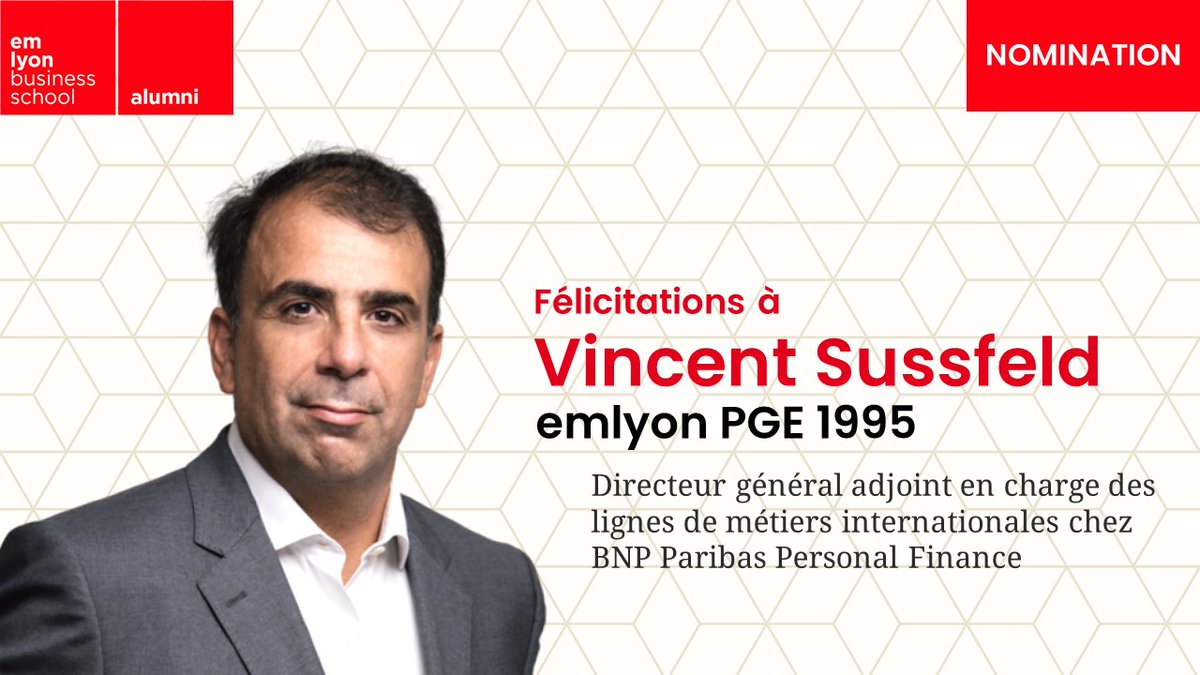 [Nomination] Félicitations à Vincent Sussfeld (PGE 1995) nommé Directeur général adjoint en charge des lignes de métiers internationales (GBL) de <a href="/BNPP_PF/">BNP Paribas 𝙋𝙚𝙧𝙨𝙤𝙣𝙖𝙡 𝙁𝙞𝙣𝙖𝙣𝙘𝙚</a> !

Découvrez son parcours 👇
emlyonforever.com/news/978220

#emlyonalumni #emlyon #nomination <a href="/EMLYON/">emlyon business school</a>