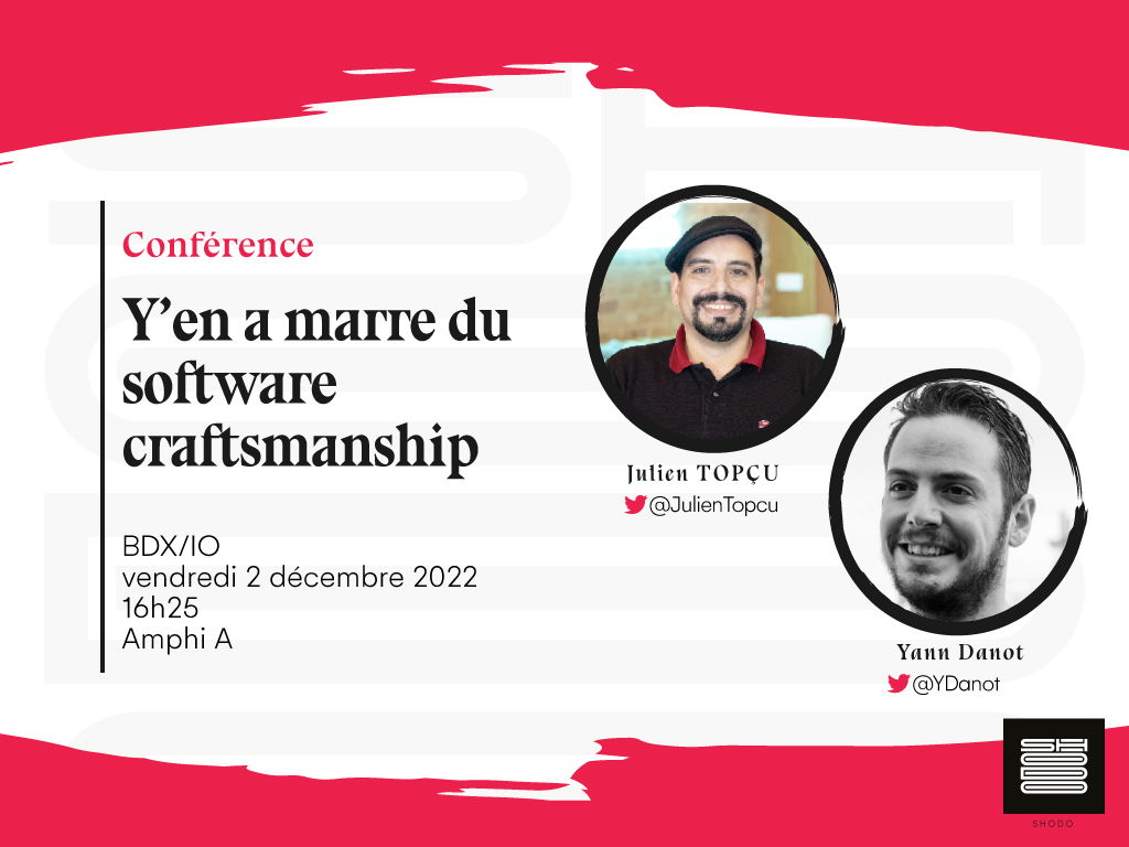 Y'en a marre du #craft et des pratiques décorrélées de la réalité, non ? Marre de cette élitisme et dogmatisme ? 😤
<a href="/YDanot/">Yann Danot</a> &amp; @julientopcu, coachs craft, à <a href="/bdxio/">BDX I/O</a> vous livre leur vision pragmatique du #softwarecraftsmanship 😉
bit.ly/3FeTKiE
<a href="/SHODOioFR/">Shodo</a> <a href="/ShodoStudio/">Shodo Studio</a>