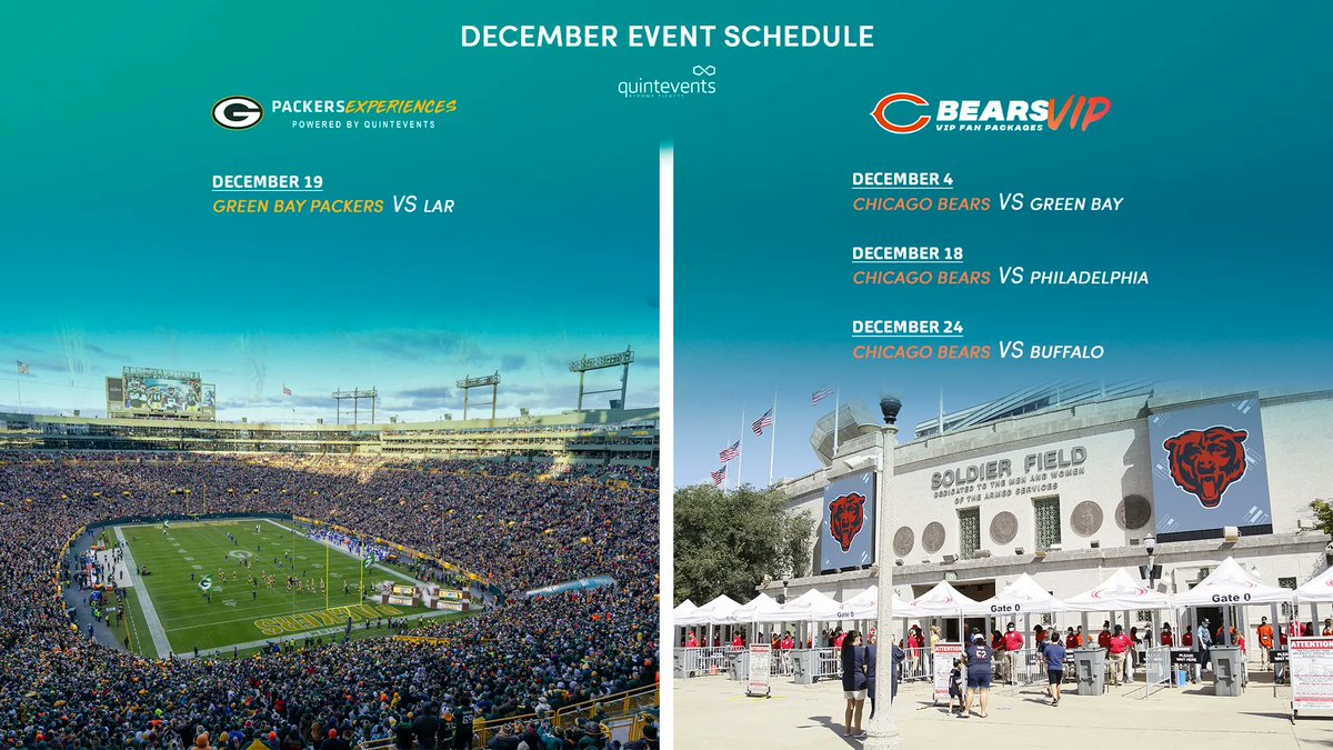 In December, Quint is headed to <a href="/SoldierField/">Soldier Field</a>, the oldest stadium in professional football, and <a href="/LambeauField/">Lambeau Field</a>, the longest-used stadium by a franchise! 🏈

QuintEvents is excited to be a part of these historic organizations. See where we are headed next: quintevents.com/all-events