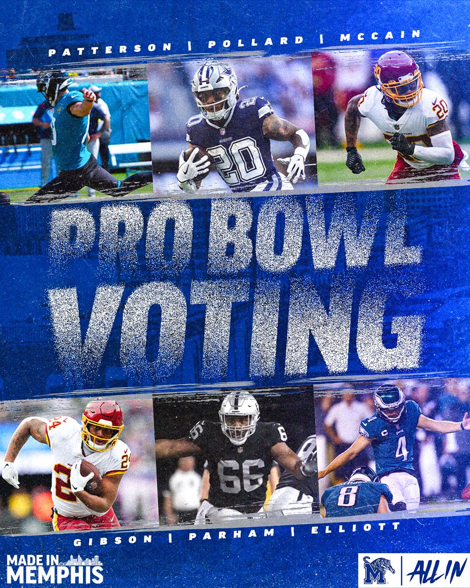 MemphisFB's tweet photo. 🚨 Pro Bowl Voting Now Open 🚨

Every RT = 1 #ProBowlVote 

 #ProBowlVote + @rileypatterson7 
#ProBowlVote + @Tp__5 
#ProBowlVote + Bobby McCain
#ProBowlVote + @AntonioGibson14 
#ProBowlVote + @dilly_pill 
#ProBowlVote + @jake_elliott22 

#ALLIN | #MadeInMemphis https://t.co/HRWqbuKnHz