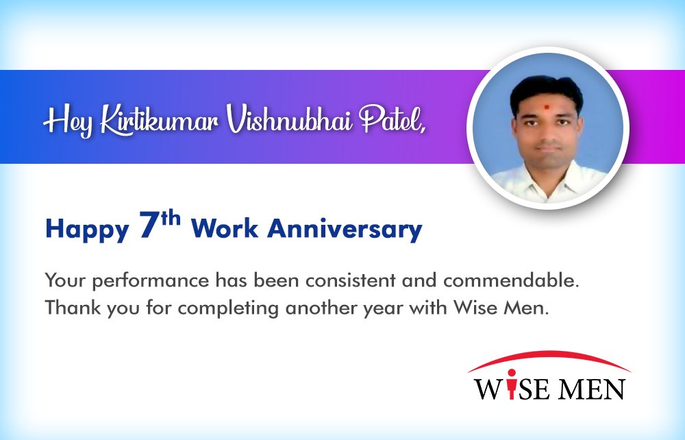 _WiseMen_'s tweet photo. Hey Kirtikumar Vishnubhai Patel,

Happy 7th Work Anniversary

Your performance has been consistent and commendable. Thank you for completing another year with Wise Men.

#workmilestone #congratulations #wisemen #services #SAP #web #cybersecurity #Managedservices #TestAutomation https://t.co/rW6wJIHU3s