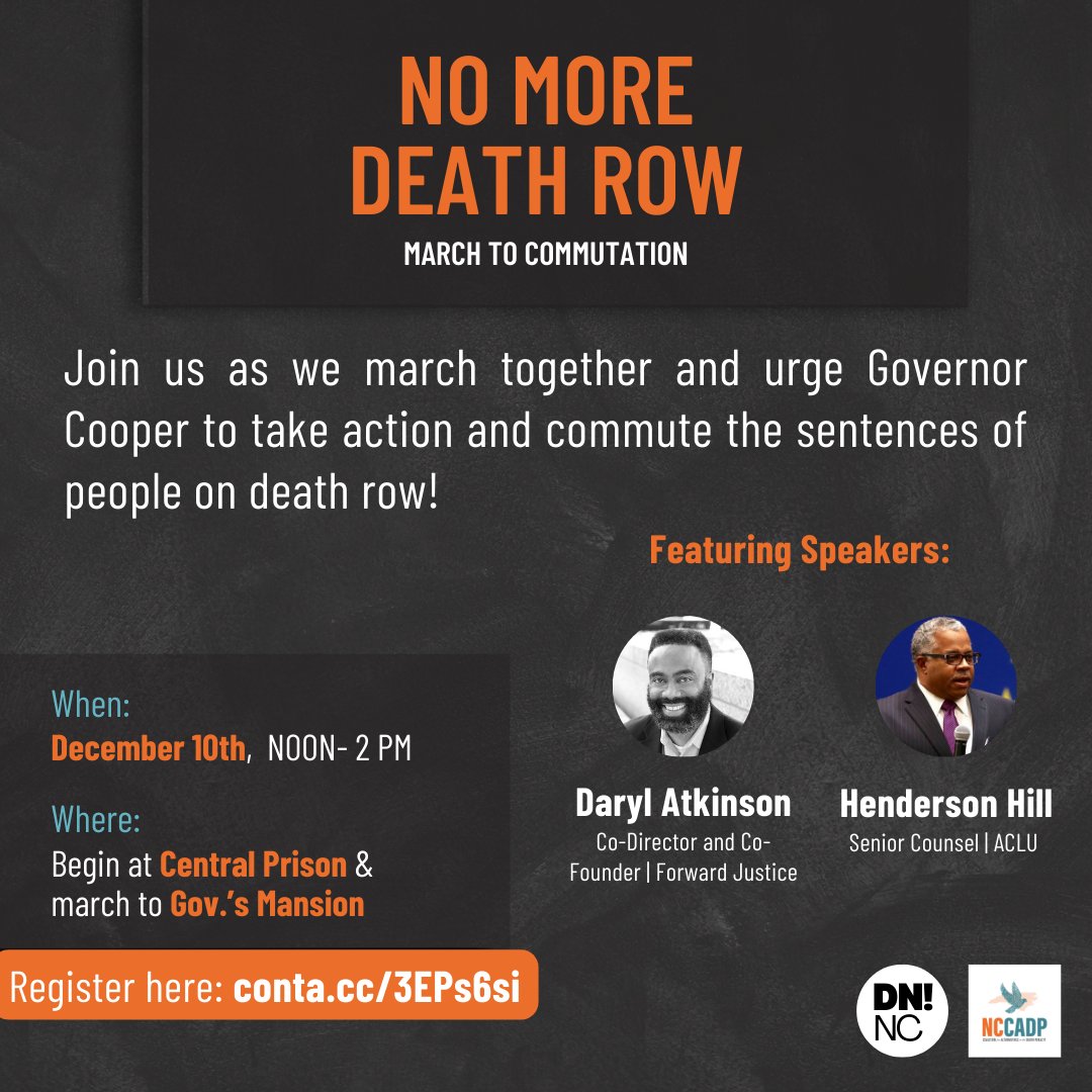 9 days until we march in Raleigh to Tell Gov. Cooper: No More Death Row! Join us on 12/10 for fabulous speakers, music &amp; more. If you want to end the NC death penalty, this is the day to show up. Register here: events.r20.constantcontact.com/register/event… <a href="/decarceratenow1/">decarceratenownc</a> #NoMoreDeathRow