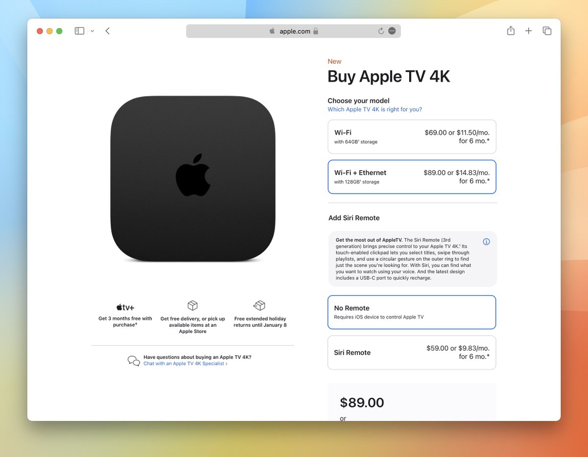 BasicAppleGuy's tweet photo. Apple TV 4K w. Optional Siri Remote for $69. 
👍 or 👎? https://t.co/9fIYVdulAQ