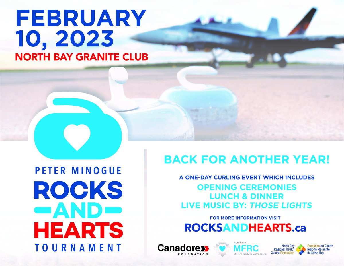 Rocks & Hearts is back! February 10th, 2023, a 1-day curling bonspiel that you won't want to miss. Visit RocksandHearts.ca for information! @CanadoreFdn @nbmfrc