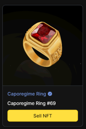 LifeVish's tweet photo. I stood the test of time and never gave up hope... Well cause I always knew Boss RAZAZEL 🕵️‍♀️ was watching me and finally he decided  🩸

I was worthy to join the Regime 💍

AND SO I GOT THE 69TH CAPOREGIME RING
@MadApeSyndicate  #MadApeSyndicate #CNFT https://t.co/La2NMyUiMy