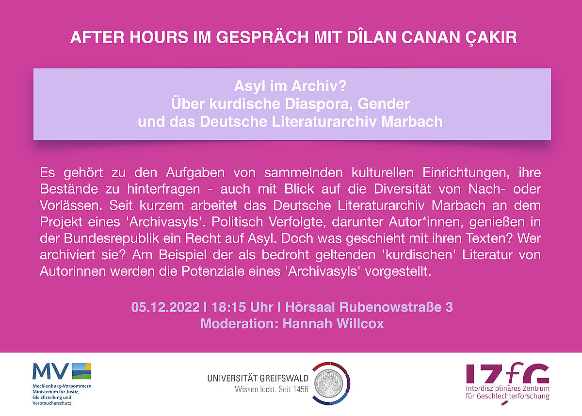 ggw_hgw's tweet photo. Wer Montag noch nichts vorhat: 

AFTER HOURS Gespräch im #IZfG mit @DilanCkr über kurdische Diaspora, Gender und das Archivasyl am @DLAMarbach   

📅 5.12., 18:15 Uhr, Hörsaal Rubenowstr. 3

https://t.co/gvYBp4gaQQ https://t.co/HBnTZp3P5g