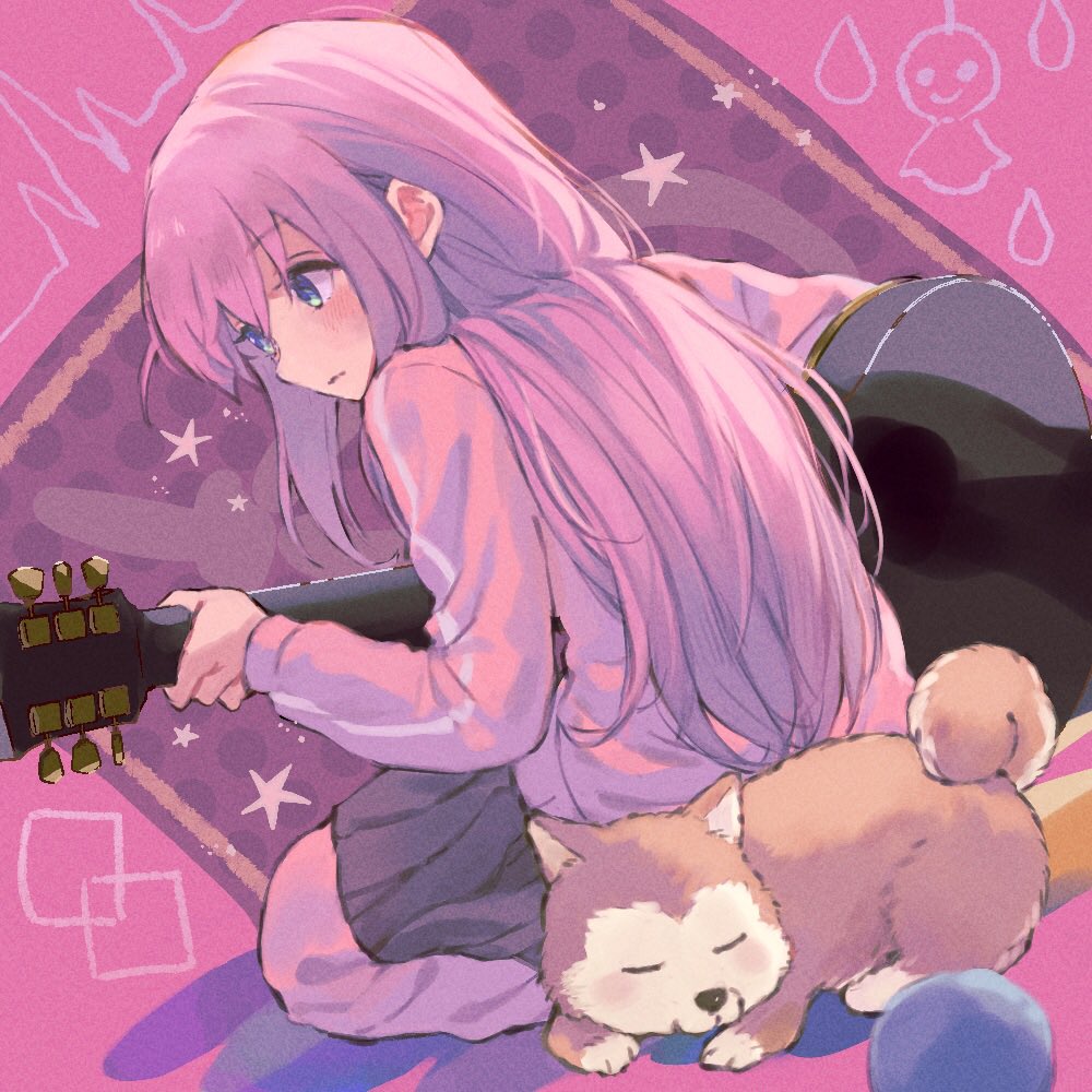 gotou hitori 1girl instrument long hair track jacket pink hair pants under skirt guitar  illustration images