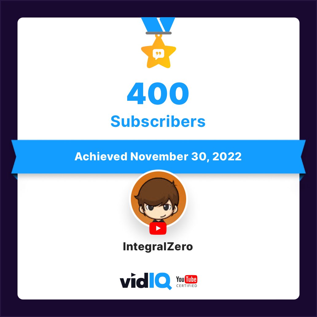 IntegralZero's tweet photo. 🏆 My YouTube channel achieved 400 subscribers on 30th November 2022! Track and celebrate your own success today for free with @vidIQ
https://t.co/XaqtKHAx1B https://t.co/tywJ398eMi