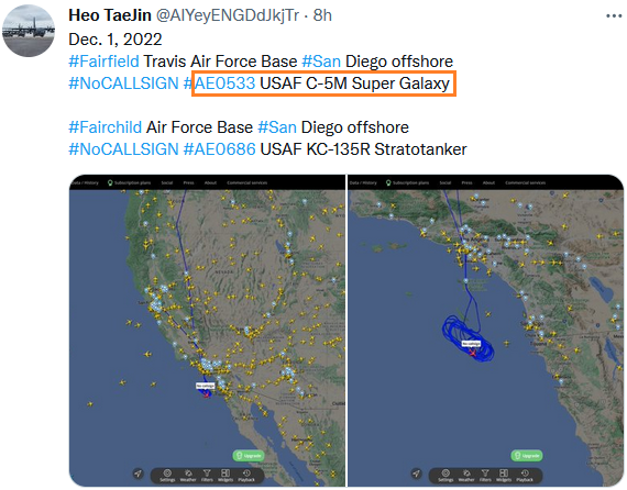 SirListenalot's tweet photo. Some folks (even the unpaid fact checker) think #AE0533 is a #C5(M). It left Fairchild for Travis on Nov29 as #COUNT96. #MPINT (my personal intelligence) says it's a (miscoded?) #KC135. https://t.co/ZAkVEBcsd6