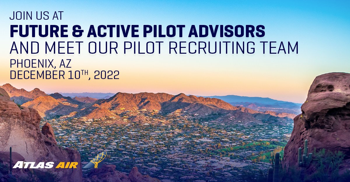 AtlasAirWW's tweet photo. Join us at FAPA in Phoenix!
Come join the Atlas Air Pilot Recruiting Team at the Future & Active Pilot Advisors (FAPA) hiring event in Phoenix to learn about career opportunities and see what it means to become #AtlasStrong by joining one of the world’s fastest-growing airlines. https://t.co/Tg5UDJbi1W