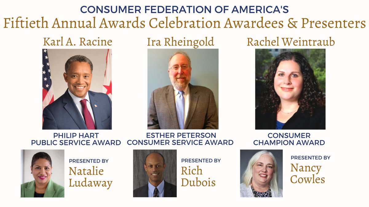ConsumerFed's tweet photo. We are pleased to announce our final list of awardees and presenters for CFA's 50th Anniversary Awards Celebration! #CFAAD

Purchase tickets: https://t.co/VhCouKbrQT https://t.co/mE3paRadKJ