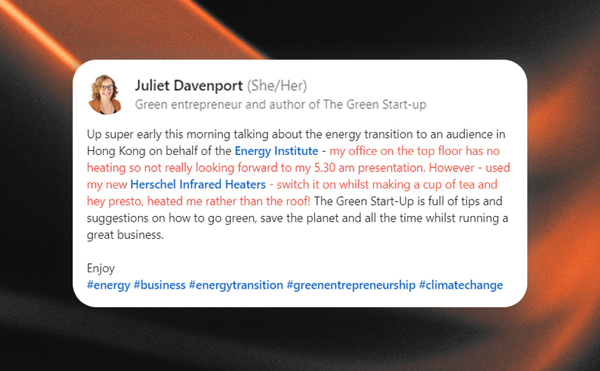 herschel_ir's tweet photo. Fantastic to see this feedback from @DavenportJuliet, author of The Green Start-up ๐
Using our Portable 500W Infrared Heater to keep her warm in these cold winter mornings โ๏ธ
#herschelinfrared #winter #carbonneutral #energy https://t.co/2IJ4jTXeYi