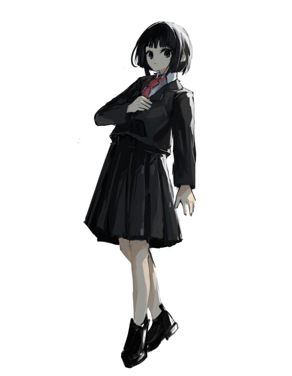 1girl solo skirt white background black hair simple background black eyes  illustration images