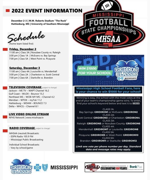 farmbureaums's tweet photo. The MHSAA Football Championships kick off this Friday, December the 2nd. Please see schedule below. Farm Bureau is proud to be a sponsor of the MHSAA and their student athletes! #GoWithTheHomeTeam https://t.co/66PbMJprwl