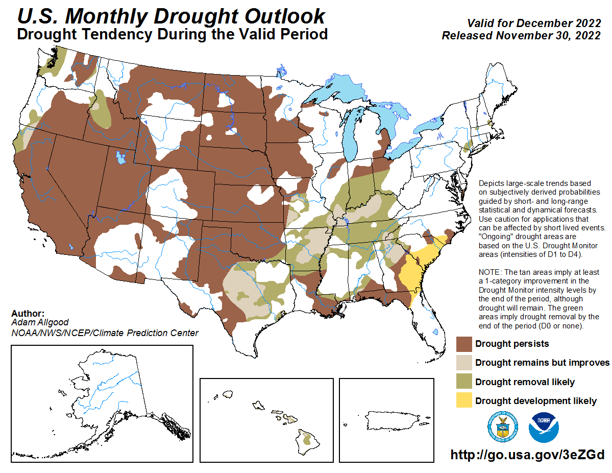 NOAADrought's tweet photo. December Drought Outlook by @NOAA’s @NWSCPC
 
Nice to finally see more expected improvements (Northwest, NorCal, Midwest, S. Plains, South, Southeast, HI) than degradations (other parts of Southeast).
 
That said, most drought is still expected to persist. https://t.co/B6VnP9ZXT7 https://t.co/0xE2yFIrVK