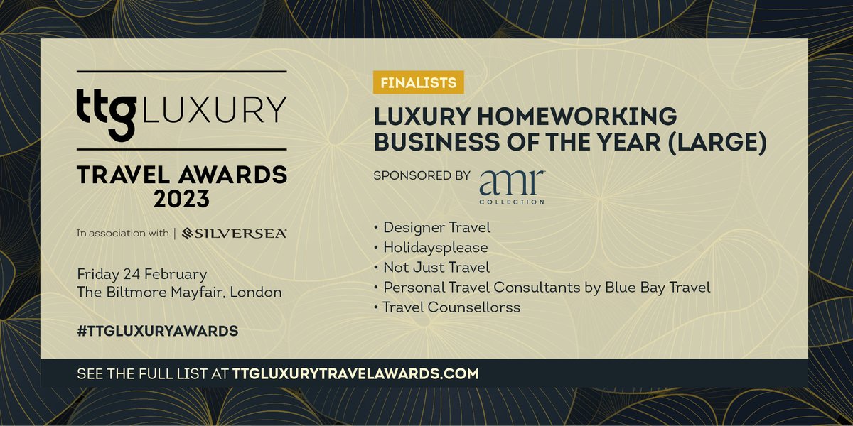 Congratulations to the finalists in the Luxury Homeworking Business of the Year (Large) category, sponsored by <a href="/AMResorts_Corp/">AMResorts</a> 🤩 🎊 ...

<a href="/designertravel/">Designer Travel</a>
<a href="/Holidaysplease/">Holidays Please</a>
<a href="/notjusttravel/">Not Just Travel</a>
Personal Travel Consultants by <a href="/BlueBayTravel/">Blue Bay Travel</a>
<a href="/TCworldwide/">Travel Counsellors</a>

#TTGLuxuryAwards