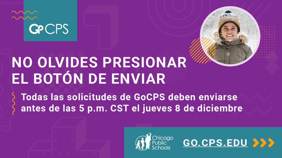 ChiPubSchools's tweet photo. ¡No olvide la NUEVA fecha límite! Todas las solicitudes para escuelas primarias de GoCPS deben enviarse antes de las 5 pm CST el jueves 8 de diciembre Esto le da una semana adicional para obtener mayor información y aplicar para el ciclo escolar 2023-24 en https://t.co/blwllQnYqk https://t.co/w5tbwoh2Cg
