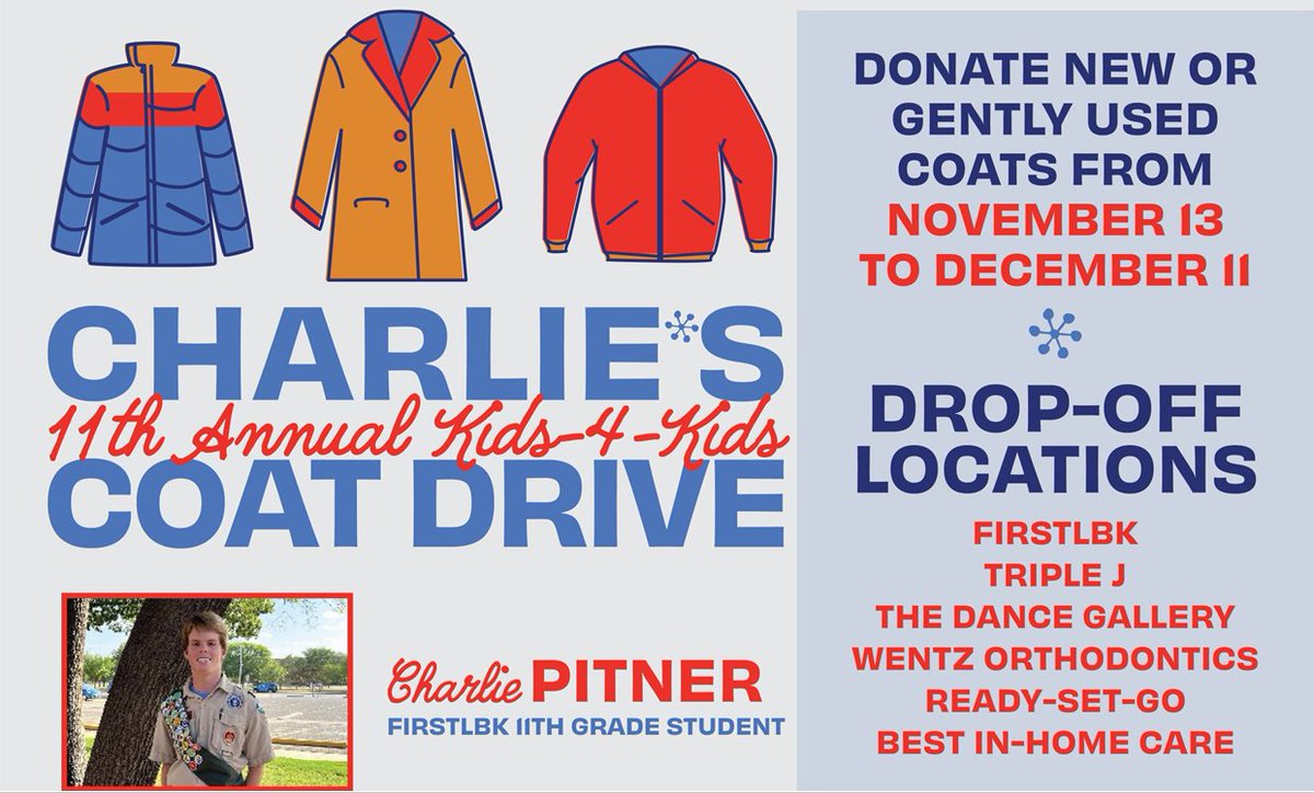 LiggettLawGroup's tweet photo. Help support local student Charlie Pitner as he collects coats for people in need as it gets colder in #Lubbock. See flyer for drop-off locations in the area. #LubbockCommunity #CoatDrive https://t.co/S8OcHYaP8E