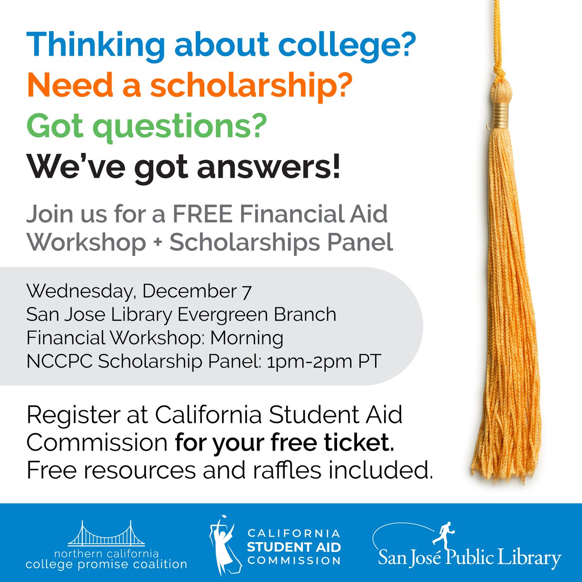NorCalPromiseCoalition (@norcalcoalition) on Twitter photo Do you work with students to help them with financial aid for college? We’ve got the info you need! Join us December 7 for a free financial workshop + scholarship panel <a href="/sanjoselibrary/">San Jose Public Library</a> Evergreen. Sign up & see you there! bit.ly/3TxAB0j #financialaid #scholarships Do you work with students to help them with financial aid for college? We’ve got the info you need! Join us December 7 for a free financial workshop + scholarship panel <a href="/sanjoselibrary/">San Jose Public Library</a> Evergreen. Sign up & see you there! bit.ly/3TxAB0j #financialaid #scholarships