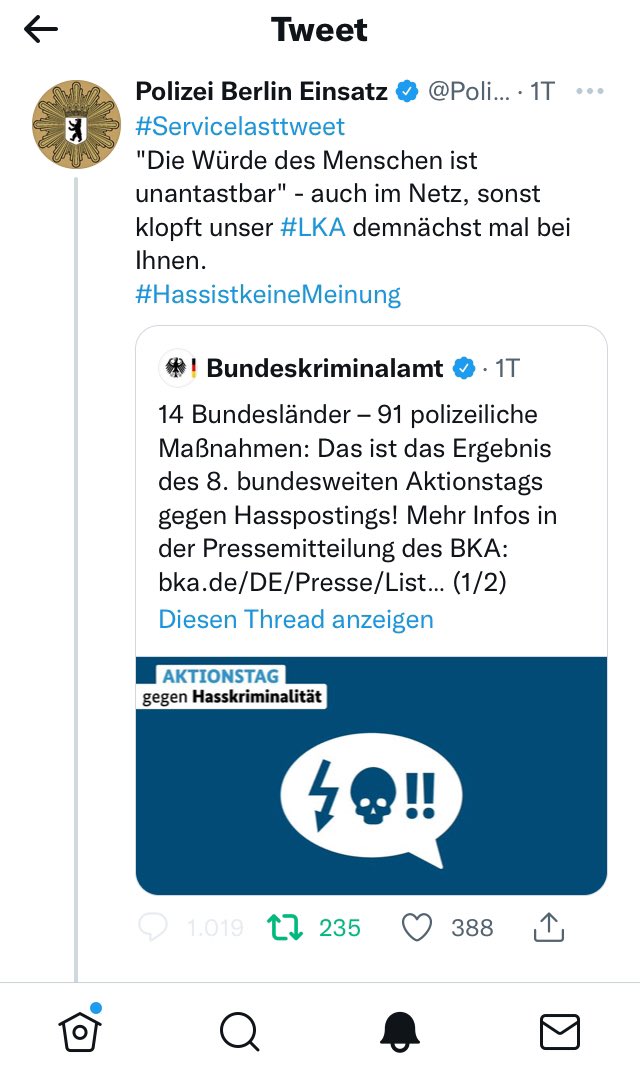 ElefantImRaum2's tweet photo. #Servicetweet bzw. #Servicelasttweet, wie die @PolizeiBerlin_E erfunden hat: der Tag gegen #Hasspostings ist beendet, daher sind die Kommentare geschlossen. Ab heute ist das Netz wieder ohne #HassUndHetze. Danke, liebe Polizei !👮♂️ ❤️ https://t.co/BInTuCVWBV