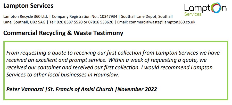 😀Another 'Happy' Customer😀

Contact @LamptonServices to receive a similar service!

To receive recycling♻️ &amp; waste🗑️ advice or a QUOTE📋 within 24⏱️ hours for your business, contact us today! 

📱07816 068058
📧commercialwaste@lampton360.co.uk