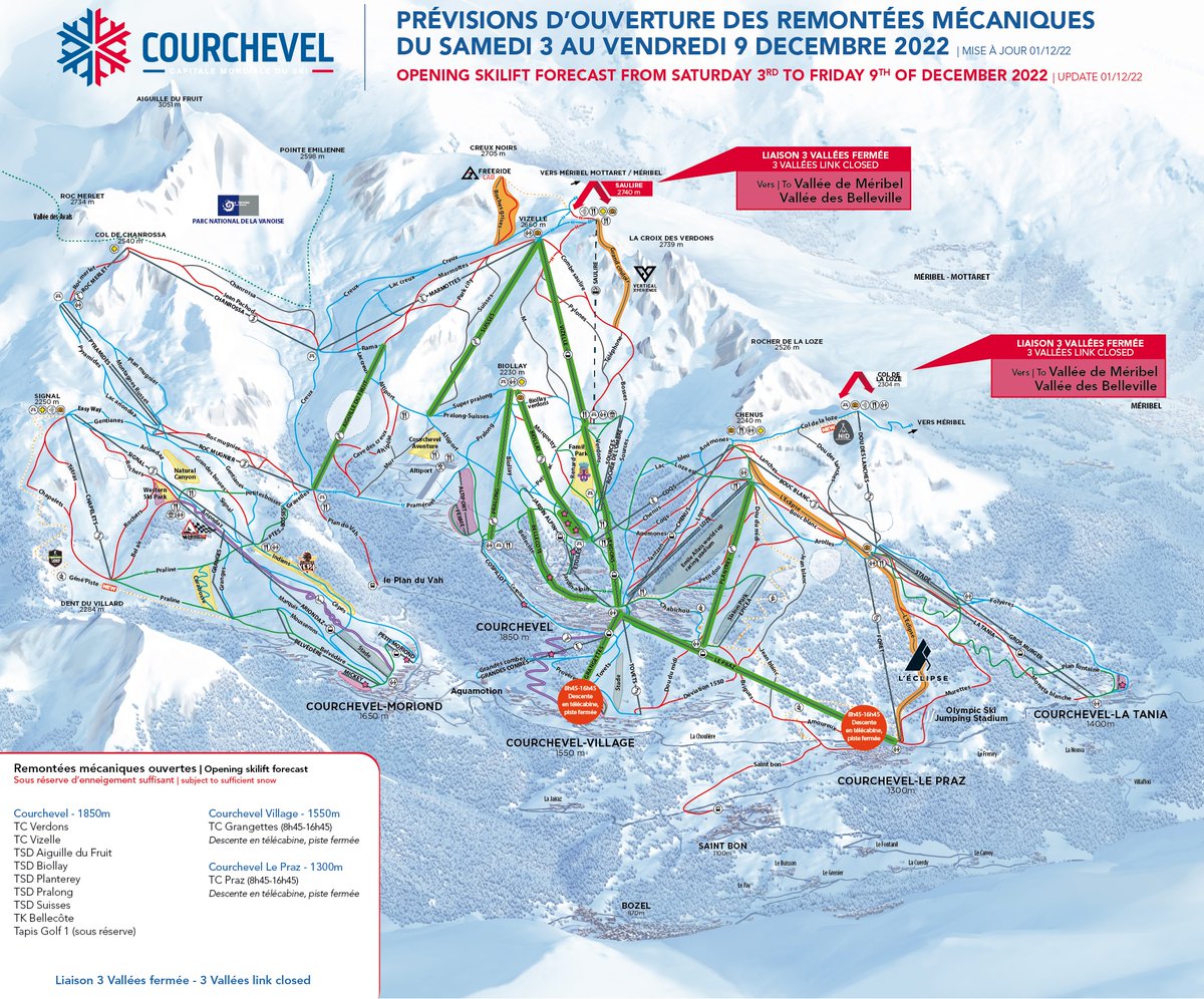 La_Tania's tweet image. Update on the lifts scheduled to operate on Courchevel opening day on Saturday 03 December 2022. Plantrey chairlift now running instead of the small Epicea drag lift.

No skiing down to #LaTania until Sat 10 Dec. At all.
