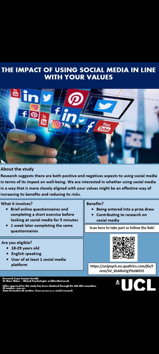 We are still recruiting for our study on social media and values at <a href="/UCL_DClinPsy/">UCL DClinPsy</a>. Take part for a chance to win £25 and please share with colleagues, friends and family! uclpsych.eu.qualtrics.com/jfe/form/SV_6h…