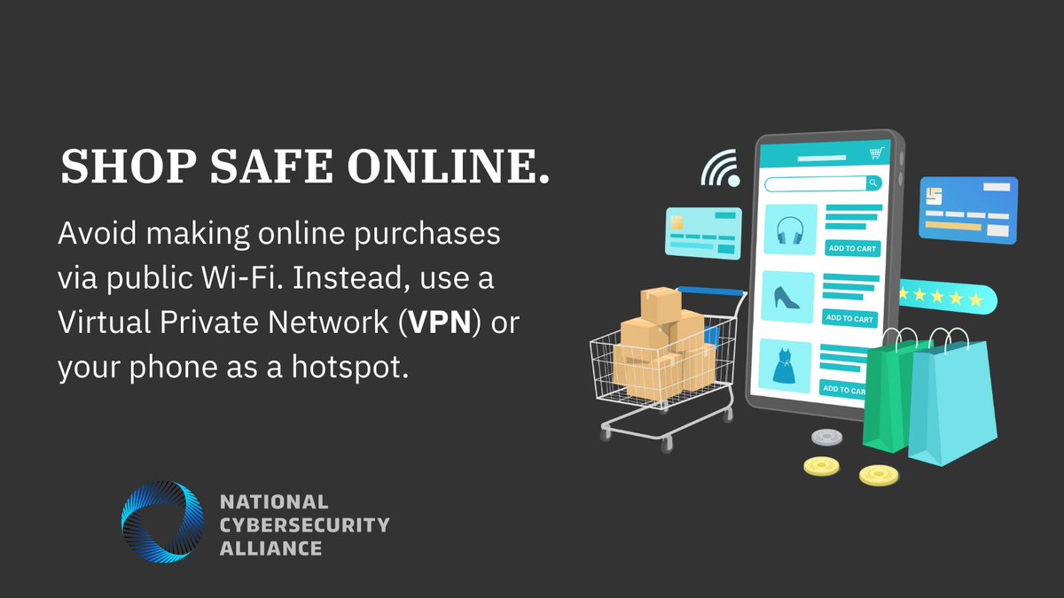 StaySafeOnline's tweet photo. Shopping online using public Wi-Fi while at a coffeeshop or airport is convenient, but it is not very secure.
You can also save items in your cart for later and buy at home on your secure network.
Learn more: https://t.co/PGY78H1Ezz.
#staysafeonline #wifi #vpn #shopsecure https://t.co/rUIdJnMsnU