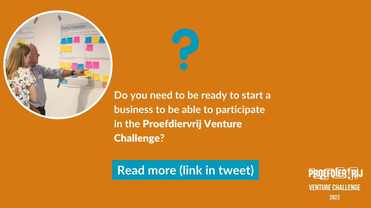 Do you need to be ready to start a business to participate in the Proefdiervrij Venture Challenge? No, it's for any research team wanting to implement their scientific, animal-free innovation in the market place, whether at the beginning or further along. bit.ly/3Y0HBWf