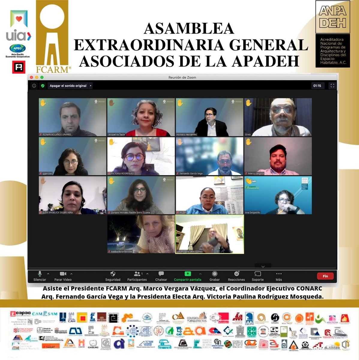 FCARMNacional's tweet photo. Asiste la FCARM a la Asamblea Extraordinaria General de
Asociados de la @anpadeh
A la reunión asisten el Presidente #FCARM Arq. Marco Vergara Vázquez, el Coordinador Ejecutivo #CONARC Arq. Fernando García Vega y la Presidenta Electa Arq. Victoria Paulina Rodríguez Mosqueda. https://t.co/WBVnAFSdeL