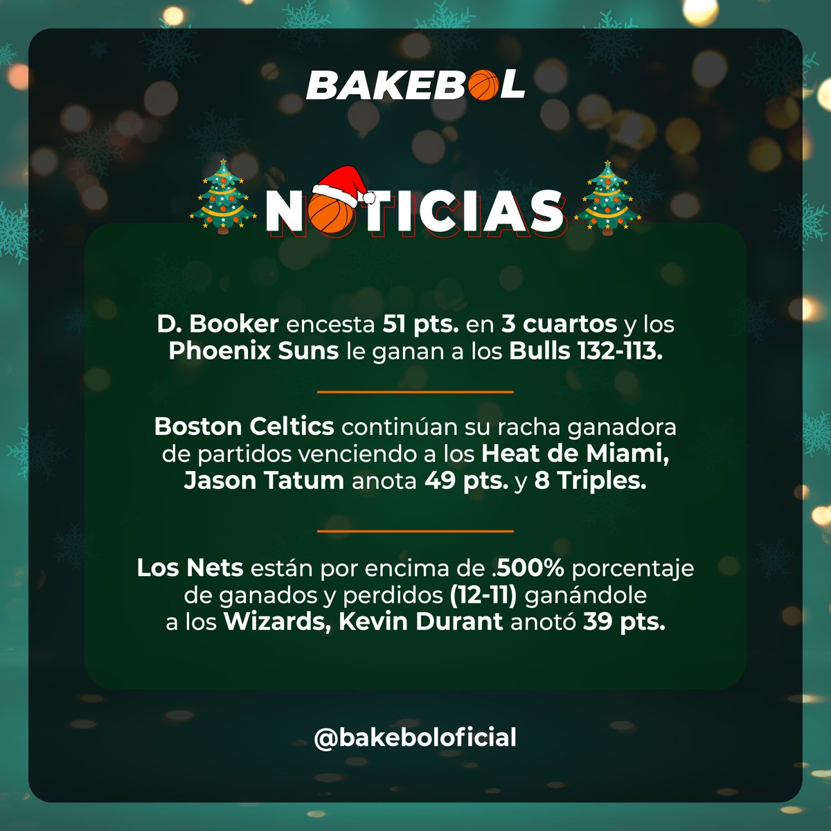 bakeboloficial's tweet photo. ¡Buenos días! empieza el mes más esperado del año.
Llega lleno de noticias de #Bakebol.
#FelizNavidadBakebolistas. @Johan_Polanco06 @eljuegofm1 @LATITISPA1 @jorgebrahma2 @joeldelossant14 @FRANKLINMILTON1
#FelizNavidad #NBA #Baloncesto
#Lakers #Nuggets #Bucks #Nets #Booker https://t.co/3UtyGMGP7U