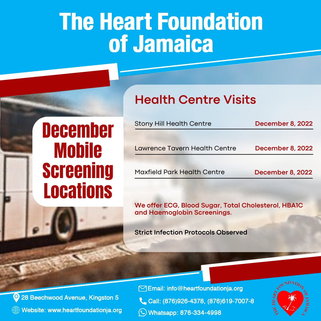 heartjamaica's tweet image. Our Mobile Team is on the move and we will be at a Health Centre near you! Here is our December 2022 schedule. Screening for ECG, Blood Sugar, Total Cholesterol, HBA1C &amp;amp; Haemoglobin testing at affordable prices.
#HeartFoundationja #HealthCare #MobileScreening