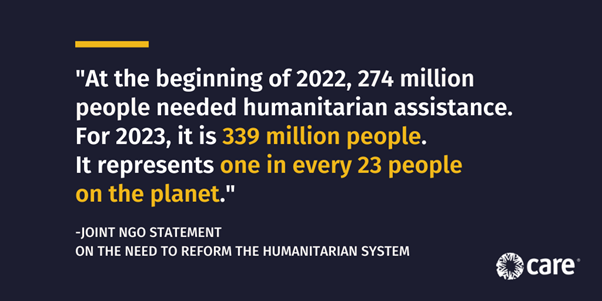 A record number of 339 million people will need #humanitarian assistance in 2023, according to <a href="/unocha/">UN Humanitarian</a>. We must have a more efficient #aid system, increased focus on #GenderEquality, and more resources and power in the hands of local organisations.

👉🏿 bit.ly/3Vho4Pp