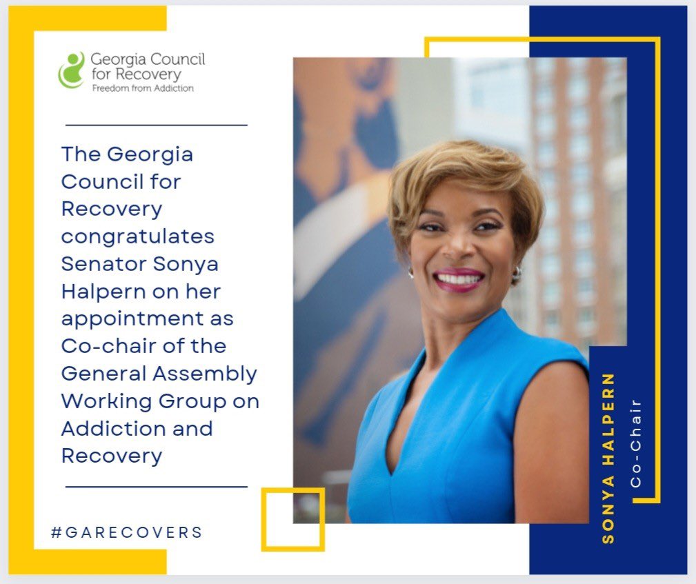 Recovery_GC4R's tweet photo. The Georgia Council for Recovery  congratulates Senator Sonya Halpern on her appointment as Co-chair of the General Assembly Working Group on Addiction and Recovery 

#garecovers #gapol #recovery #hopedealers #georgia #gc4r https://t.co/blojNdGzWq