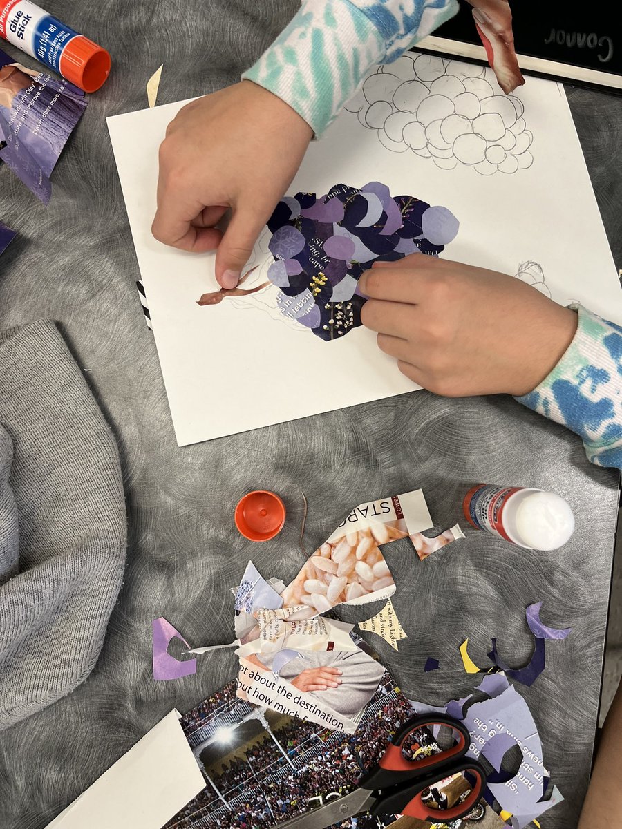MsOwensArtRoom's tweet photo. Check out these in progress Fruit Collages!! We have some very talented grade 6 artists at ADMS! #myart #artatadms #grade6artproject #collageproject #complimentarycolours #colourtheory https://t.co/5O4SgmqM8D