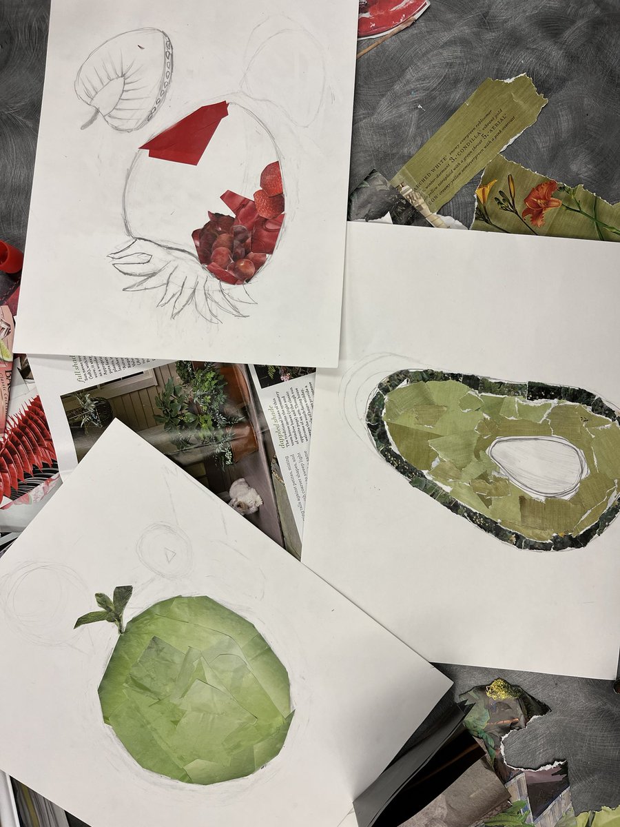 MsOwensArtRoom's tweet photo. Check out these in progress Fruit Collages!! We have some very talented grade 6 artists at ADMS! #myart #artatadms #grade6artproject #collageproject #complimentarycolours #colourtheory https://t.co/5O4SgmqM8D