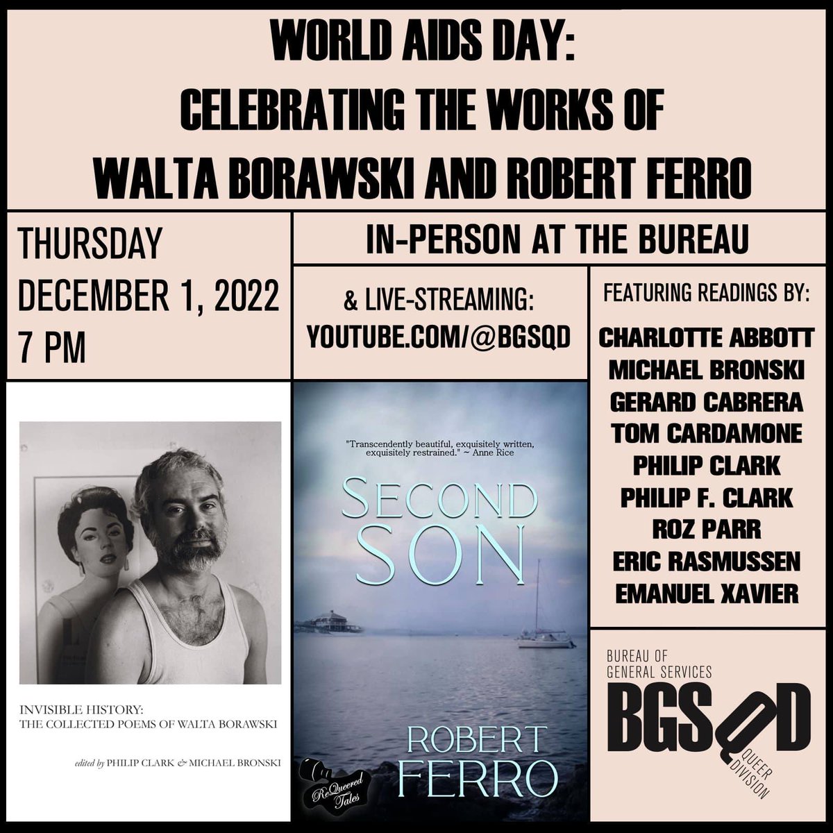 ReQueered's tweet image. WORLD AIDS DAY: Live Reading New York
The LGBT Community Center, 208 W. 13th St.

Celebrating Robert Ferro and Walta Borawski.

Live Streaming at youtube.com/@bgsqd