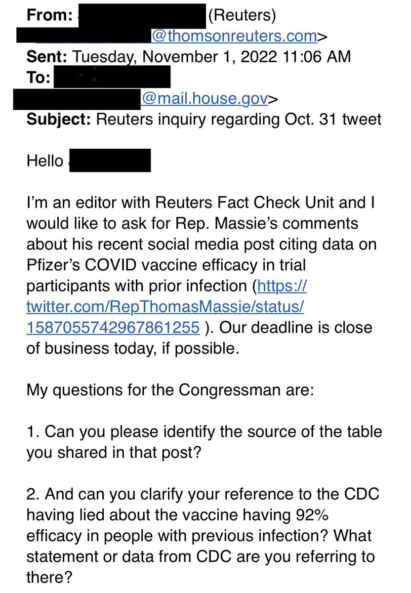 RepThomasMassie's tweet image. Wonder how fact checks work for Republicans?

One week before election, @ReutersFacts gave me 6 hours to respond to their initiation of a fact check of my tweet calling out @CDCgov.

I immediately provided proof.

After Reuters found I was CORRECT, they decided NOT to fact check!