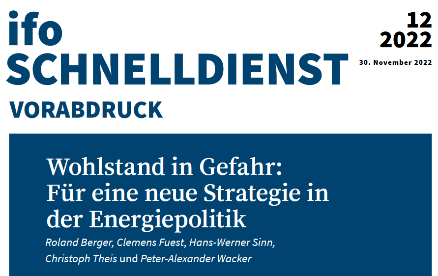 ifo_Institut's tweet photo. #Lesetipp 👉 Wohlstand in Gefahr - Roland Berger, @FuestClemens @HansWernerSinn @christoph_theis und Peter-Alexander Wacker plädieren für eine neue #Strategie in der #Energiepolitik, die ideologische Grabenkämpfe hinter sich lässt. #ifoSchnelldienst https://t.co/pn234GQTbY https://t.co/vgC0sfh2yy