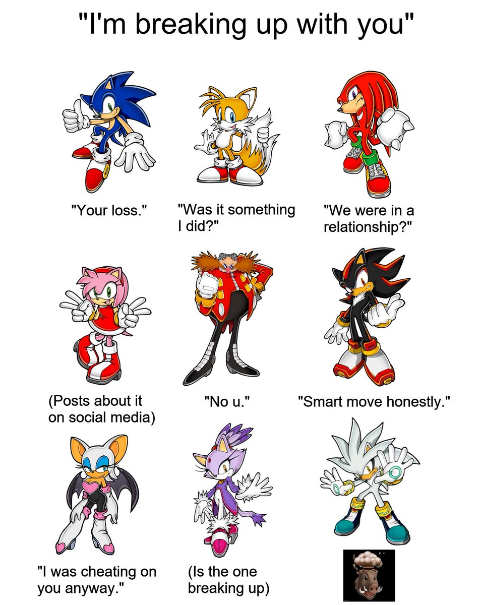 Grinch Kevster (COMMS SLOTS OPEN: 2) on X: Here's how Sonic characters  would react to getting a break up. Enjoy.  / X