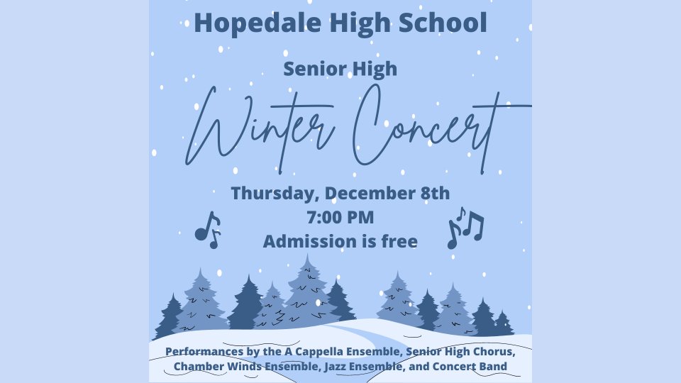 Join us for a wonderful night of music on Thursday Dec. 8th in the auditorium!🎵

<a href="/DerekAtherton1/">Derek Atherton</a> <a href="/HopedaleAP/">Timothy Johnson</a> <a href="/cchatham5/">Christopher Chatham</a> <a href="/MrBeaudry1/">Anthony Beaudry</a> <a href="/TriMHopedale/">Hopedale Tri-M Music Honor Society</a>