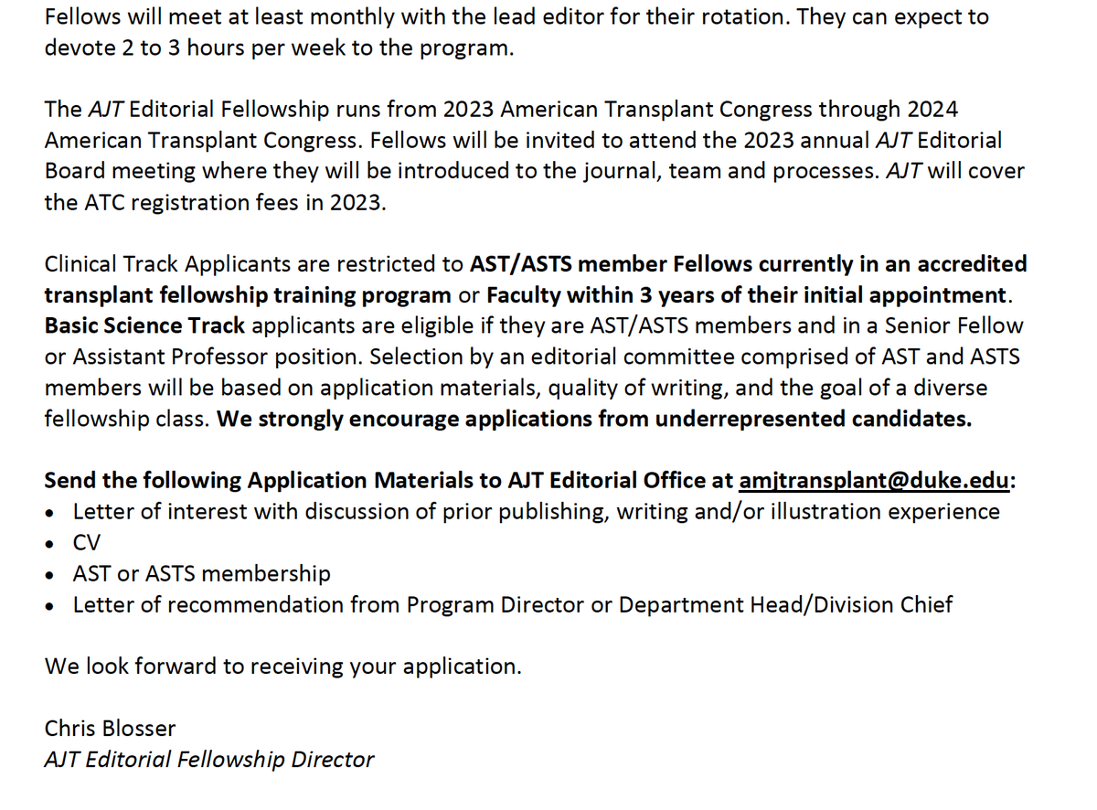 Applications now open for the <a href="/amjtransplant/">American Journal of Transplantation</a> Editorial Fellowship (for fellows &amp; jr faculty):

onlinelibrary.wiley.com/journal/160061…

Deadline 1/15 (send application materials to amjtransplant@duke.edu)

Highly recommend! <a href="/blosserc/">Chris Blosser</a> 

#KidneyTransplant #Transplant <a href="/AST_info/">American Society of Transplantation (AST)</a> <a href="/AST_TYFCOP/">AST Trainee & Young Faculty COP</a>