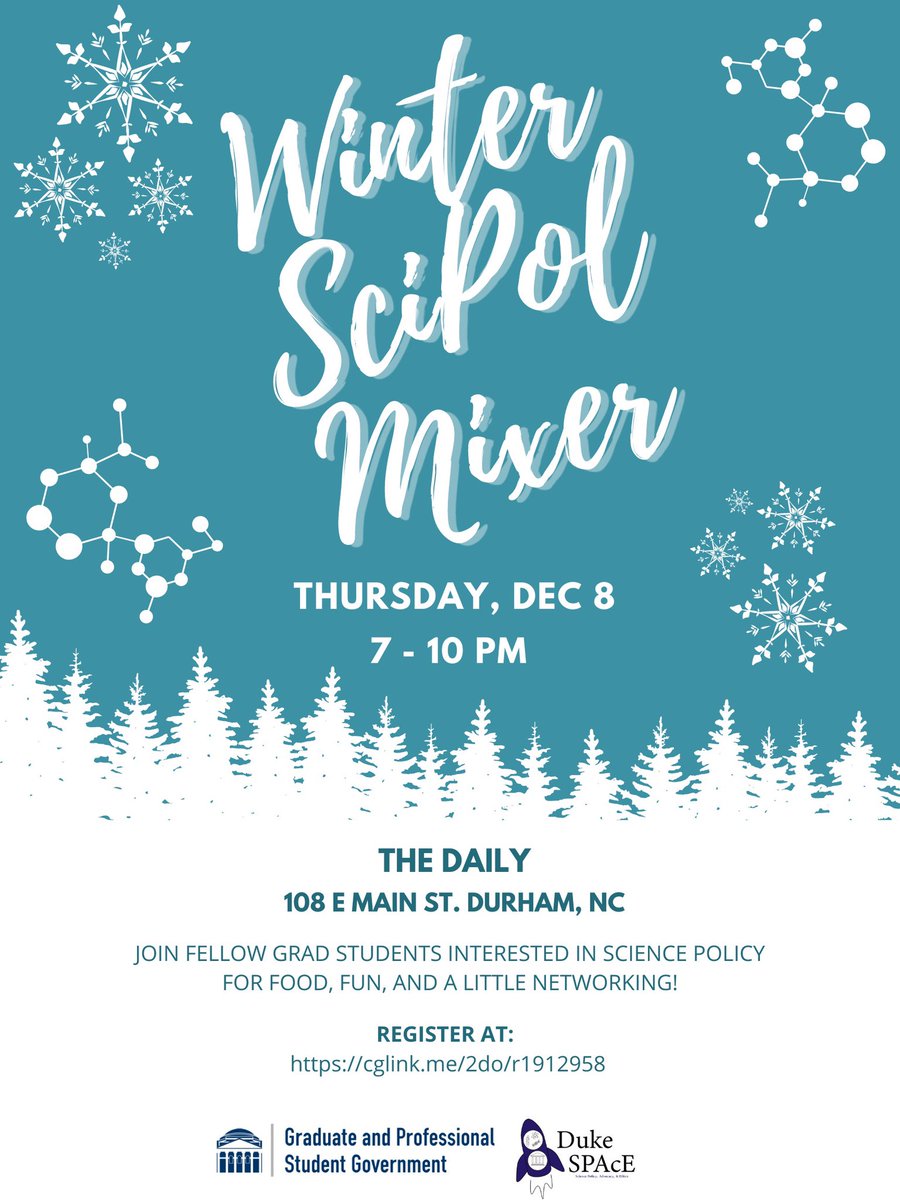 Duke_SPACE's tweet photo. Join us NEXT THURSDAY for food, drinks, and networking fun before the break! 

Graduate and professional students from Duke and UNC are welcome to attend, just make sure you sign up on DukeGroups (link below) for planning purposes ❄️☃️ https://t.co/tdrlO28rnO