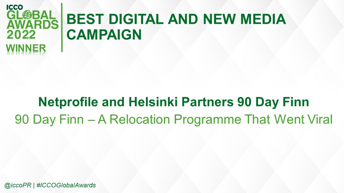 Delighted to announce that <a href="/Netprofile/">netprofile</a> and <a href="/Hki_Partners/">Helsinki Partners</a> 90 Day Finn have just won the award for Best Digital and New Media Campaign with ‘90 Day Finn – A Relocation Programme That Went Viral’. Congrats!! 

#ICCOGlobalAwards 🌎🏆
