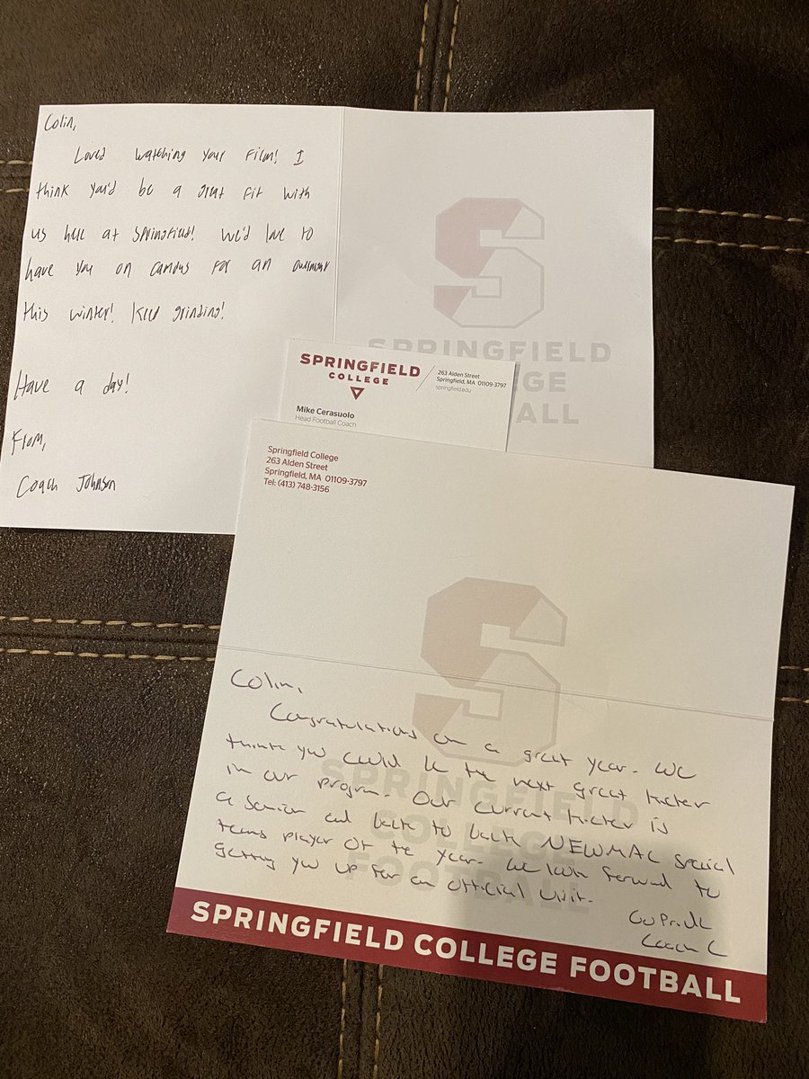 Colin Mazzola (@mazzola_colin) on Twitter photo Came home to letters from <a href="/_SCFootball/">Springfield Football</a>! Thanks <a href="/Mike_Cerasuolo/">Mike Cerasuolo</a> & <a href="/coachbjohnson15/">Ben Johnson</a>! Looking forward to my visit! #BUILDTHEBROTHERH23D #LTBR Came home to letters from <a href="/_SCFootball/">Springfield Football</a>! Thanks <a href="/Mike_Cerasuolo/">Mike Cerasuolo</a> & <a href="/coachbjohnson15/">Ben Johnson</a>! Looking forward to my visit! #BUILDTHEBROTHERH23D #LTBR
