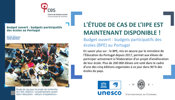 MurielPoisson's tweet photo. Vient de paraître : L'étude de cas @IIEP_UNESCO sur #OpenBudget, traitant des budgets scolaires participatifs au Portugal depuis 2017.

Accédez à la recherche de @ETICO_IIEP sur #OpenGovInEducation ici :
https://t.co/X3GXirkWaq
https://t.co/CgLU6YxfcV https://t.co/U8c2ePLNff
